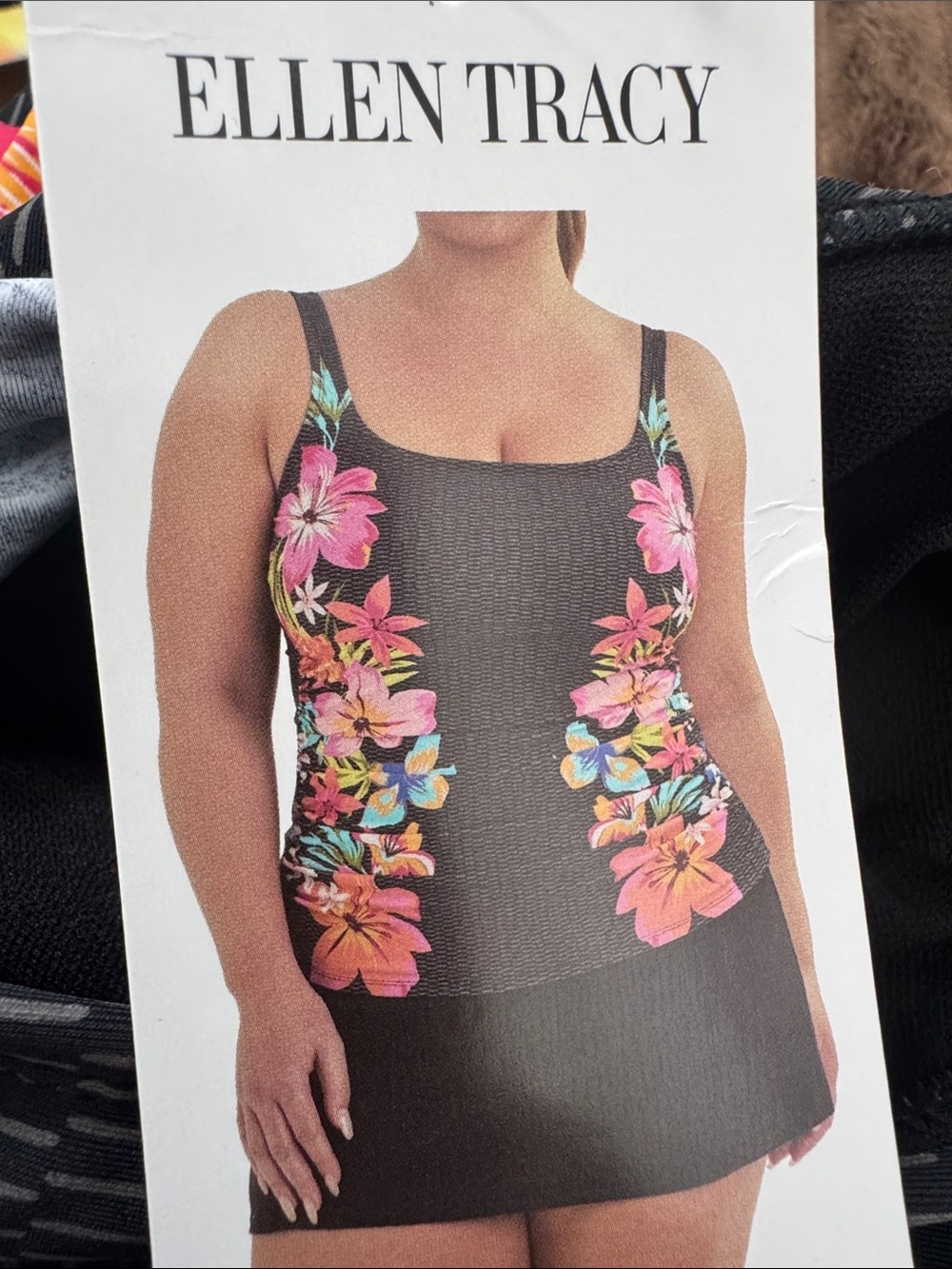 Ellen Tracy Black Tankini Top with Pink Floral Side Panels